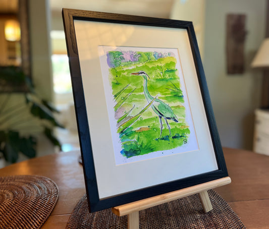 Framed print - "Gray Heron on my lawn" 8x10